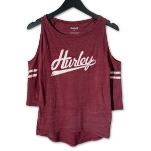 Hurley Womens XS‎ Cold Shoulder Burgundy Top 3/4 Sleeve Retro Graphic Tee Shirt